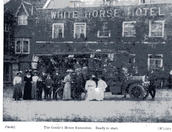 Ben Chandler’s charabanc at the White Horse Hotel, Haslemere preparing for an outing. 1912